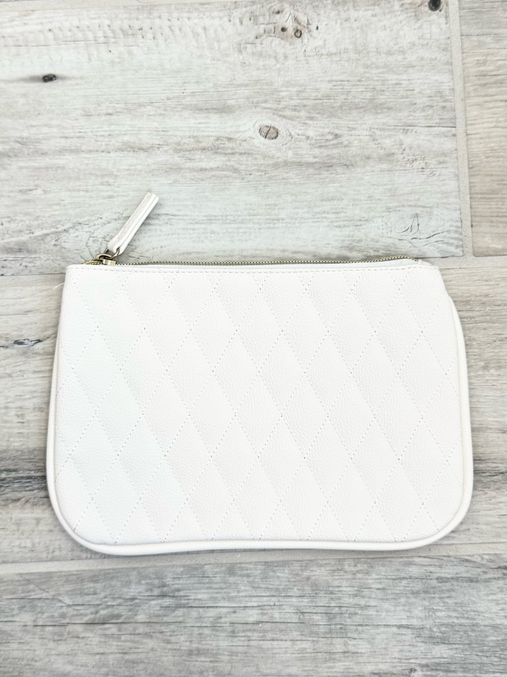White Faux Leather Quilted Zipper Pouch